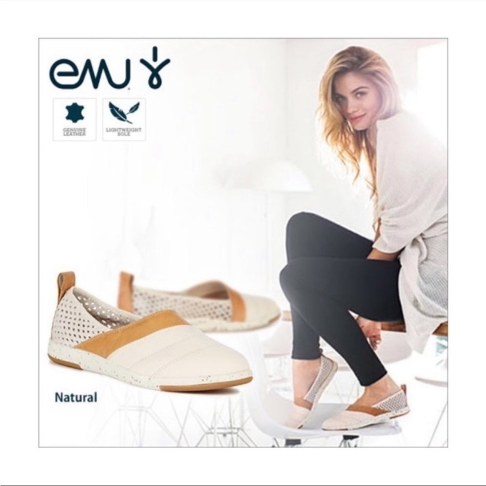 Emu Australia Meroo Slip On Flat Sz 8 Perforated Canvas Suede Natural Cream Tan